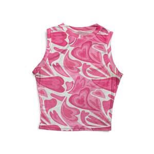 Groovy Pink Heart Pattern Semi-Sheer Mesh Halter Top Size Large Retro 70's Style